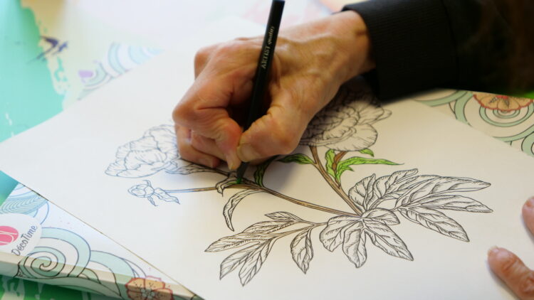 Une main qui tient un crayon pour colorier une fleur